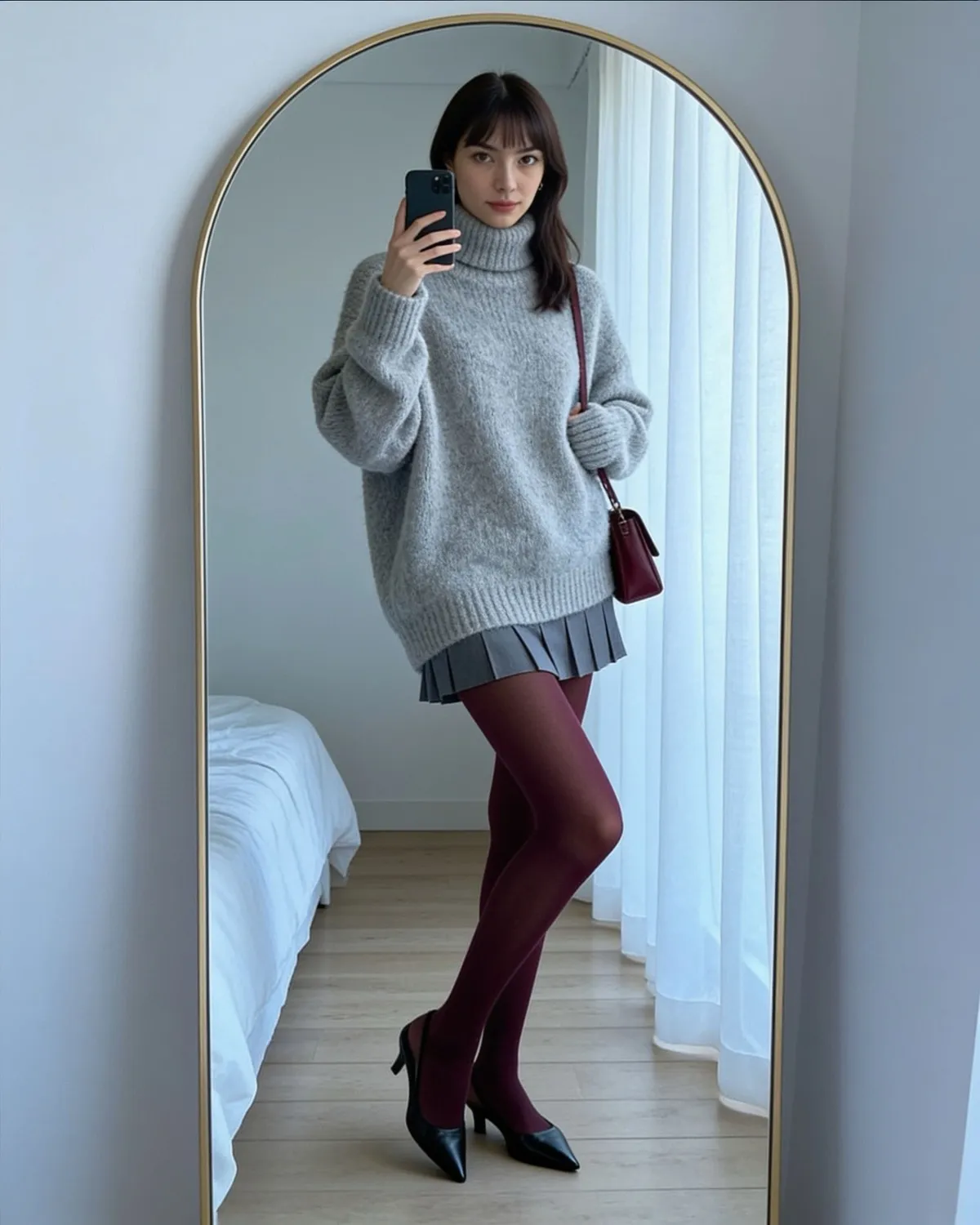 Ava si fa un selfie allo specchio con un maglione oversize di mohair grigio chiaro, minigonna grigia a pieghe, collant bordeaux, slingback nere e una piccola borsa bordeaux