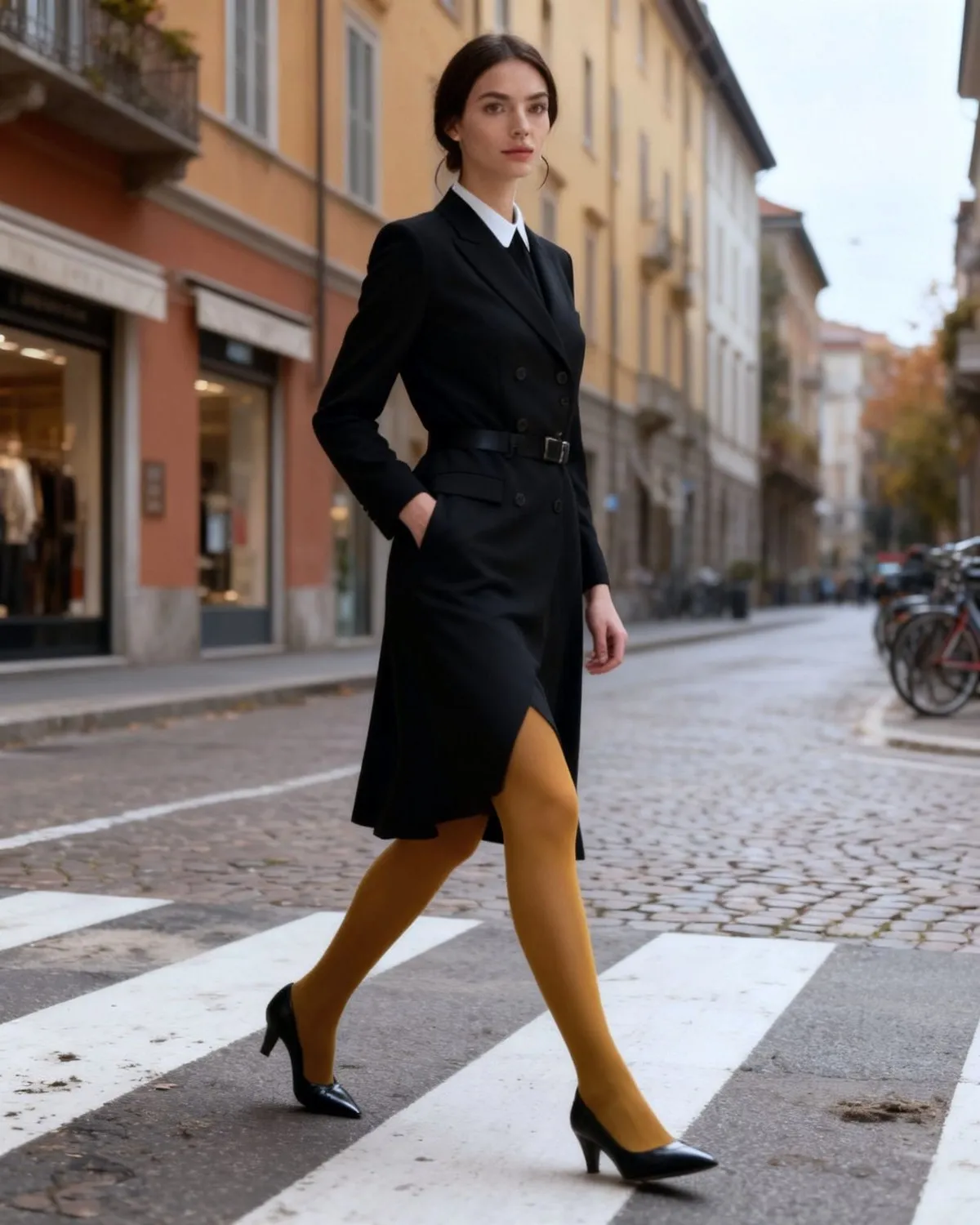 Ava crossing a street in Milan in a belted black double-breasted blazer dress with a white collar, mustard tights and pointed black pumps