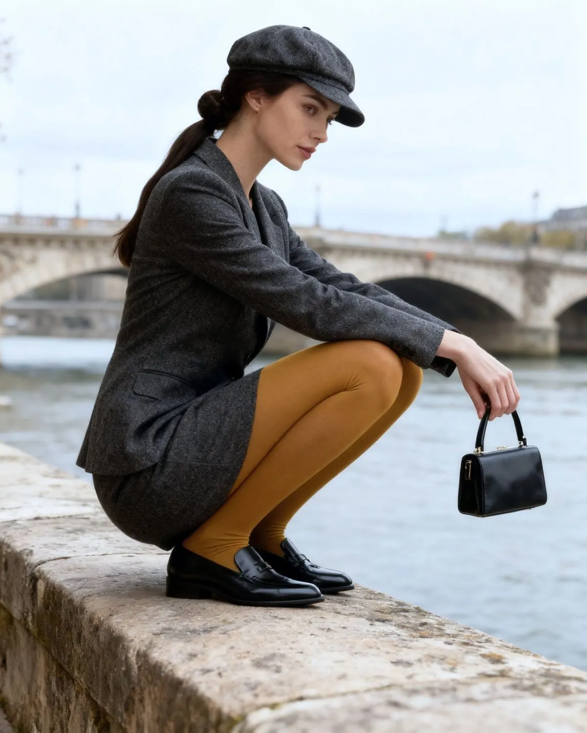 Ava accovacciata sul parapetto di pietra della Senna con un tailleur grigio antracite a gonna, coppola grigia, collant senape, mocassini neri e una piccola borsa nera