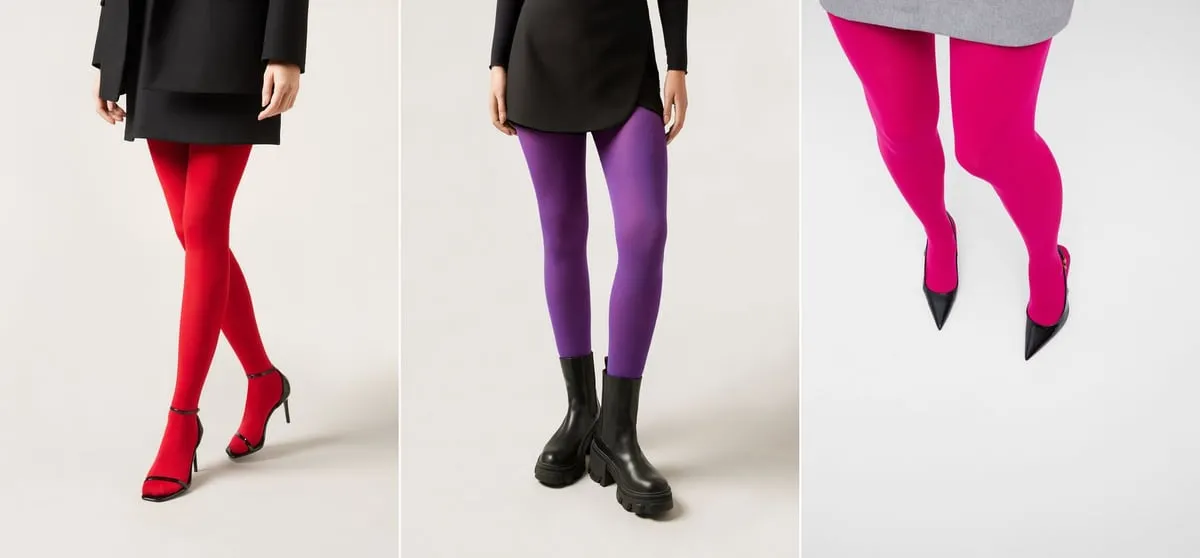 Tre paia di gambe in collant coprenti Calzedonia: rosso con sandali neri a listini, viola con stivaletti neri carrarmato, fucsia con décolleté nere a punta