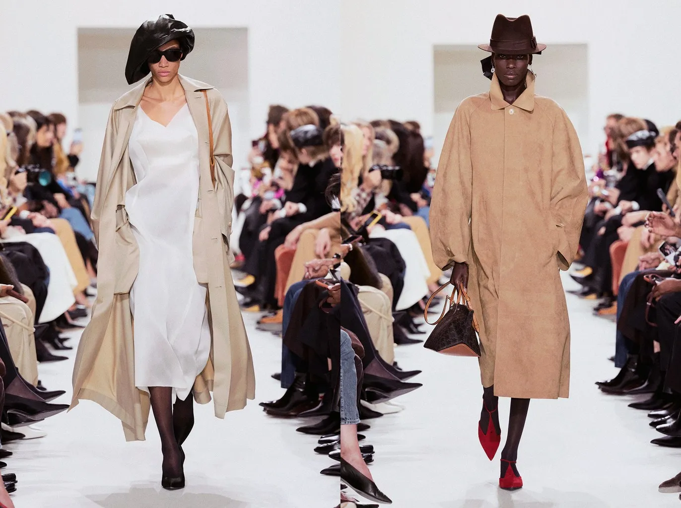 Looks 14 and 20 from the Celine spring/summer 2027 show: sheer black tights under a white slip dress with a camel trench, and under a camel suede coat with red pumps