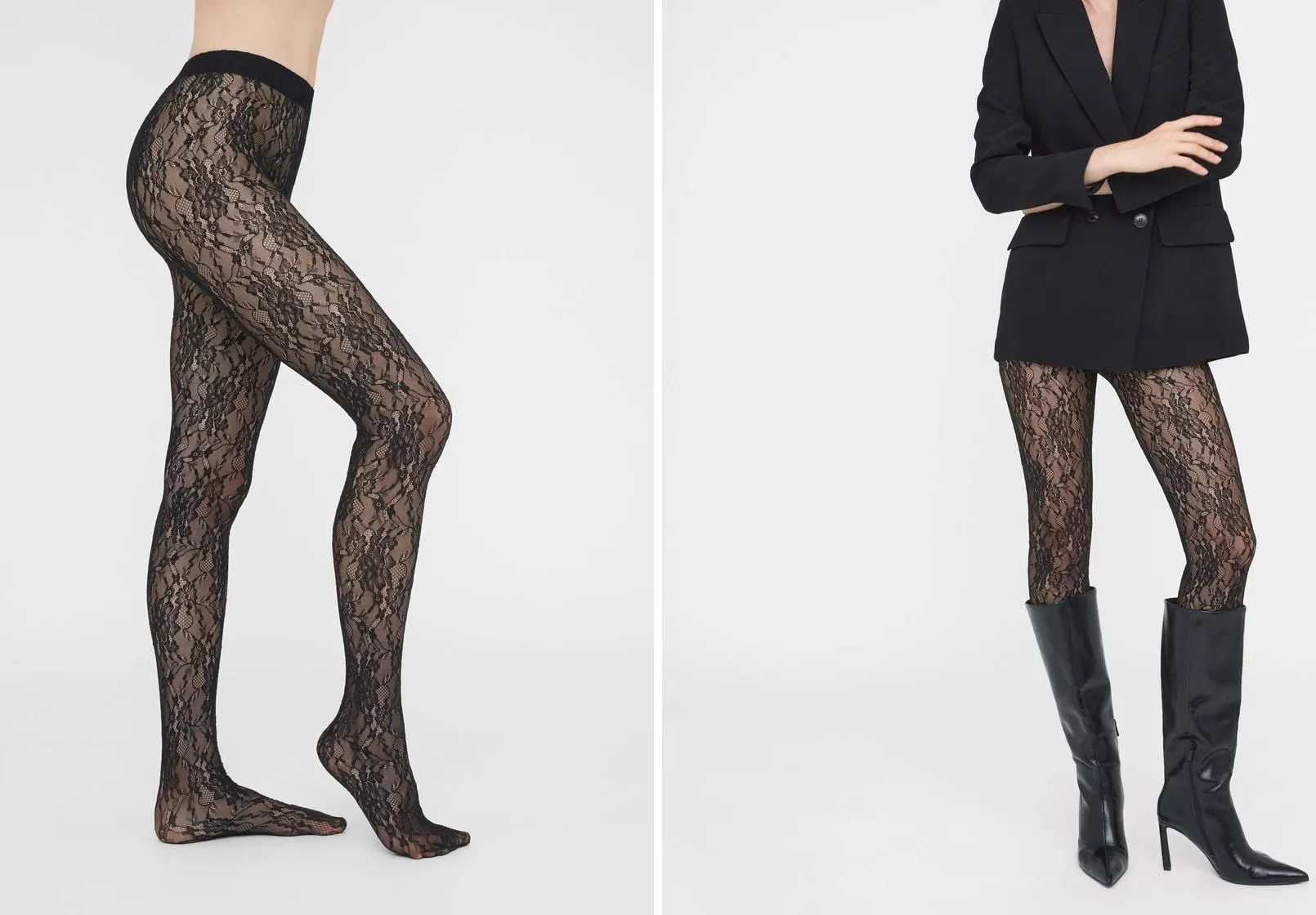 Collant di pizzo nero a fiori su fondo bianco, e lo stesso collant con un blazer nero e stivali neri al ginocchio