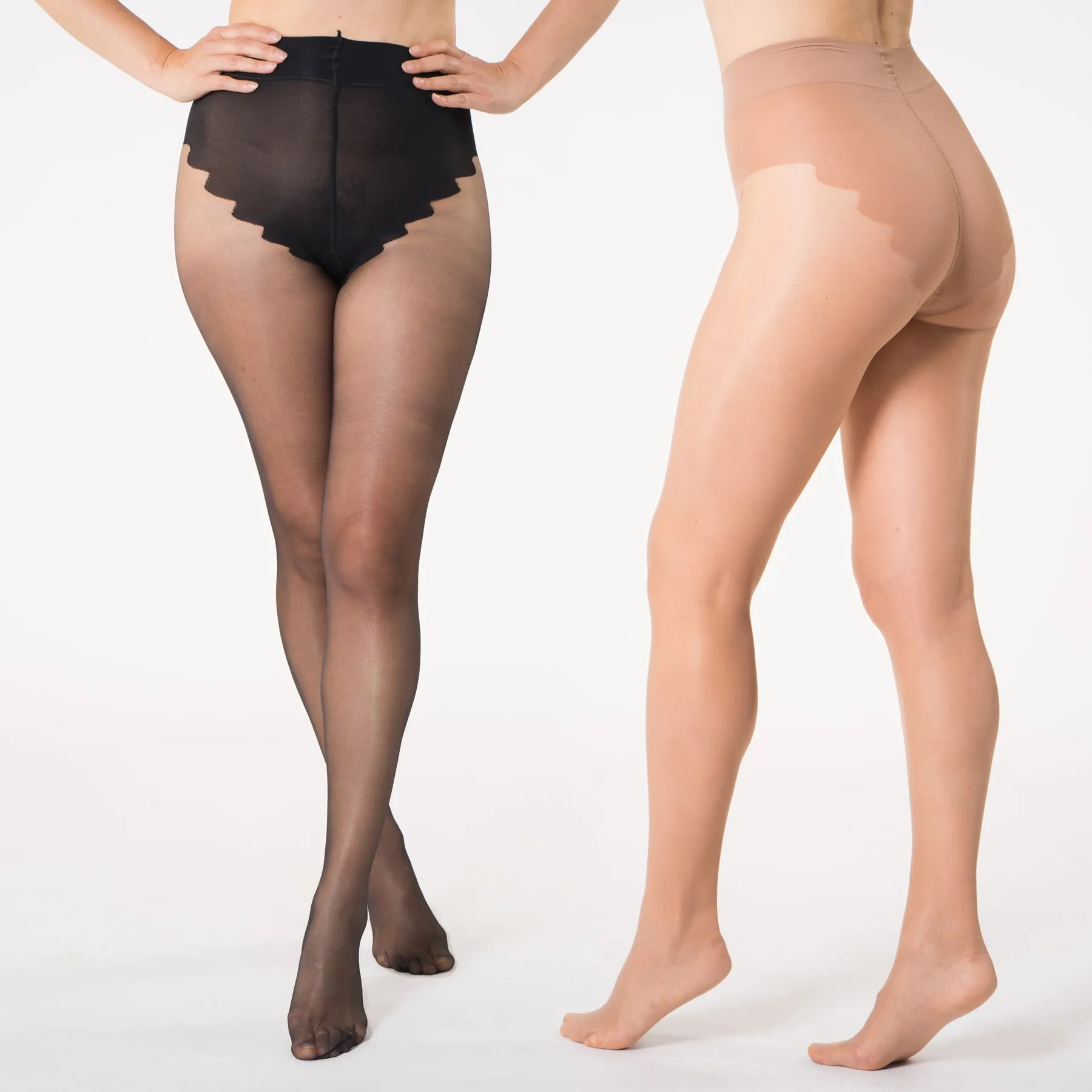 Two pairs of sheer tights, black and skin-tone, seen from the front and the back