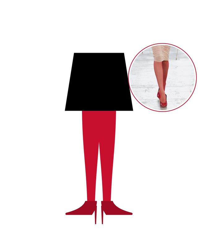 Illustration: legs in opaque red tights and red pumps under a black dress, with a runway photo of red tights