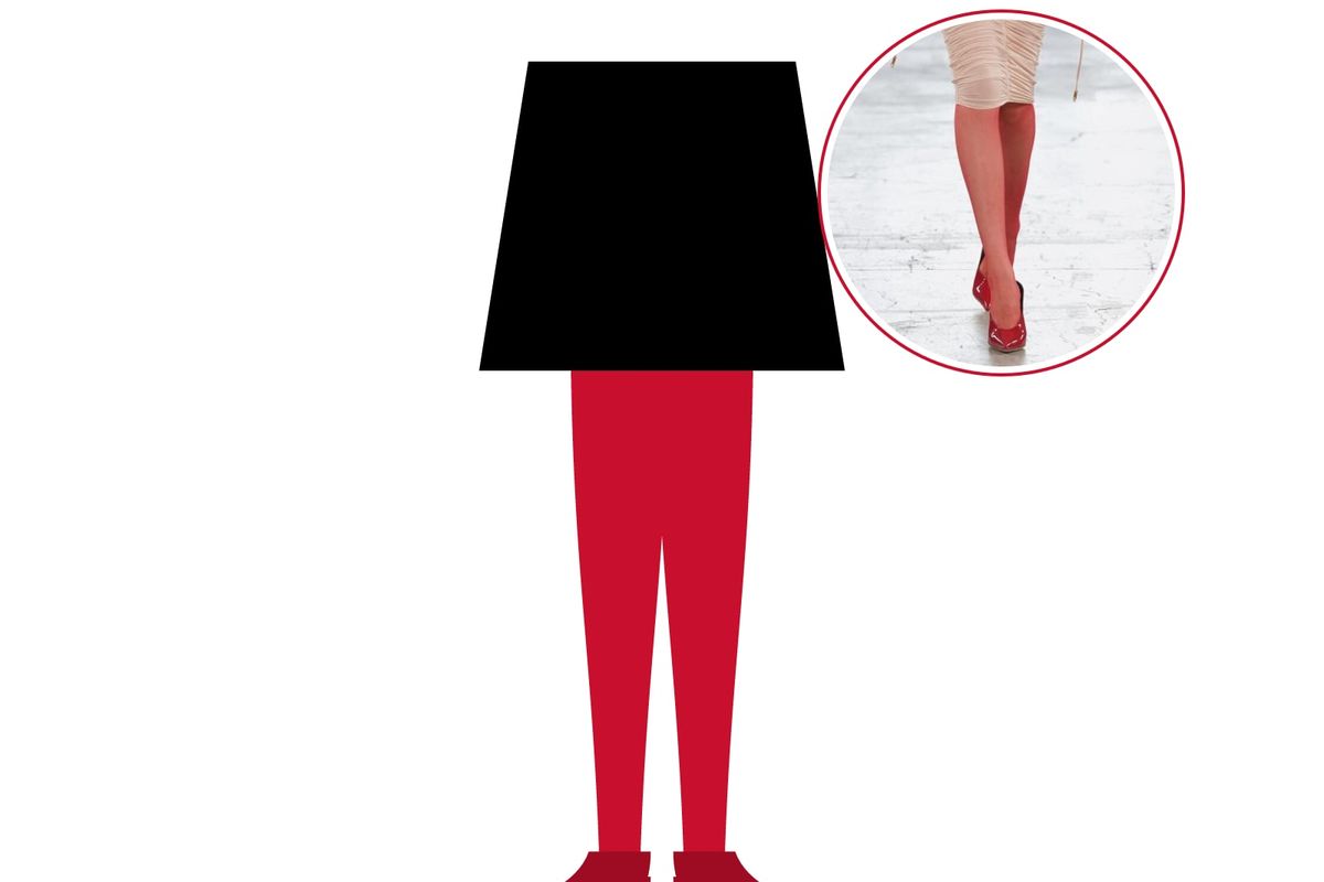 Illustration: legs in opaque red tights and red pumps under a black dress, with a runway photo of red tights