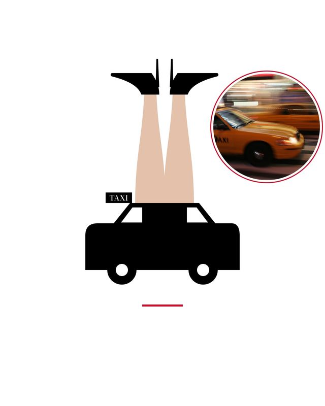 Illustration: black silhouette of a taxi with two nude-tights legs sticking out of the roof, with a photo of a yellow cab in Times Square