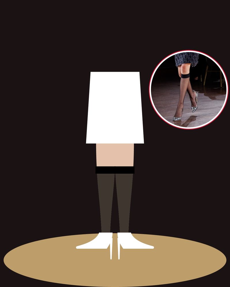 Illustration: sheer black knee-highs with an opaque band below the knee and white pumps on a dark runway with a circle of sand, with a photo of the runway look