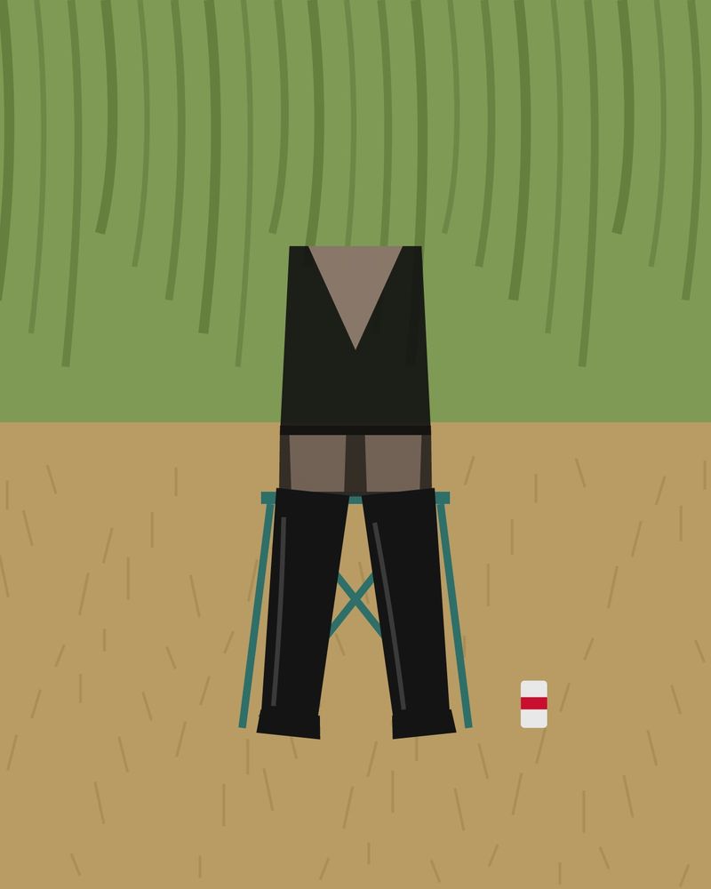 Illustration: legs in sheer black tights peeking out between a black bodysuit and thigh-high leather boots, on a folding chair in dry grass