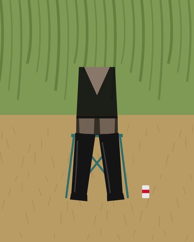 Illustration: legs in sheer black tights peeking out between a black bodysuit and thigh-high leather boots, on a folding chair in dry grass