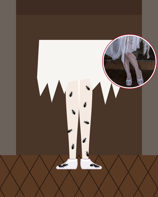 Illustration: sheer white tights with small black ants and sheer white ballet flats under a torn white chiffon hem, in a panelled room with herringbone parquet, with a photo of the look