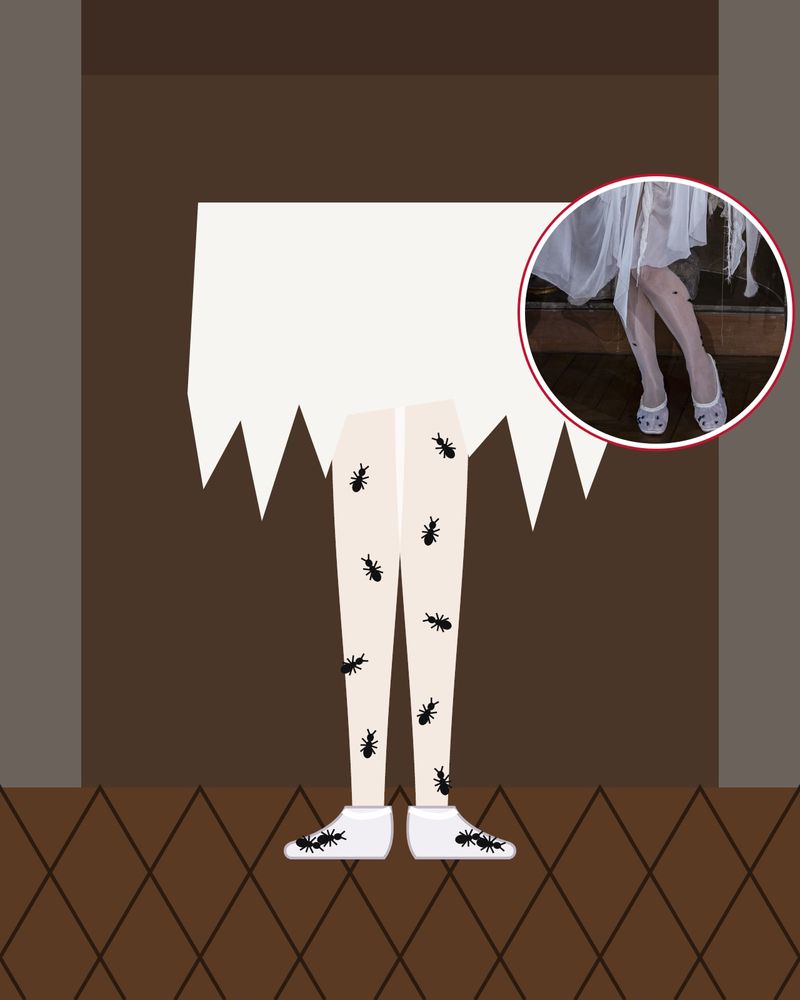 Illustration: sheer white tights with small black ants and sheer white ballet flats under a torn white chiffon hem, in a panelled room with herringbone parquet, with a photo of the look
