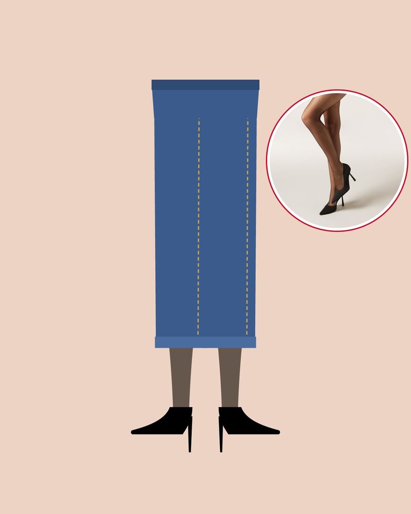 Illustration: cropped straight blue jeans above the ankle, with sheer black tights and pointed black pumps underneath, on a nude background, with a photo of Calzedonia sheer black tights in the circle