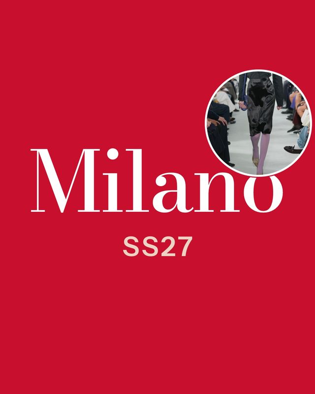 The words Milano SS27 on a red background, with a photo of Jil Sander's lilac tights for Spring/Summer 2027
