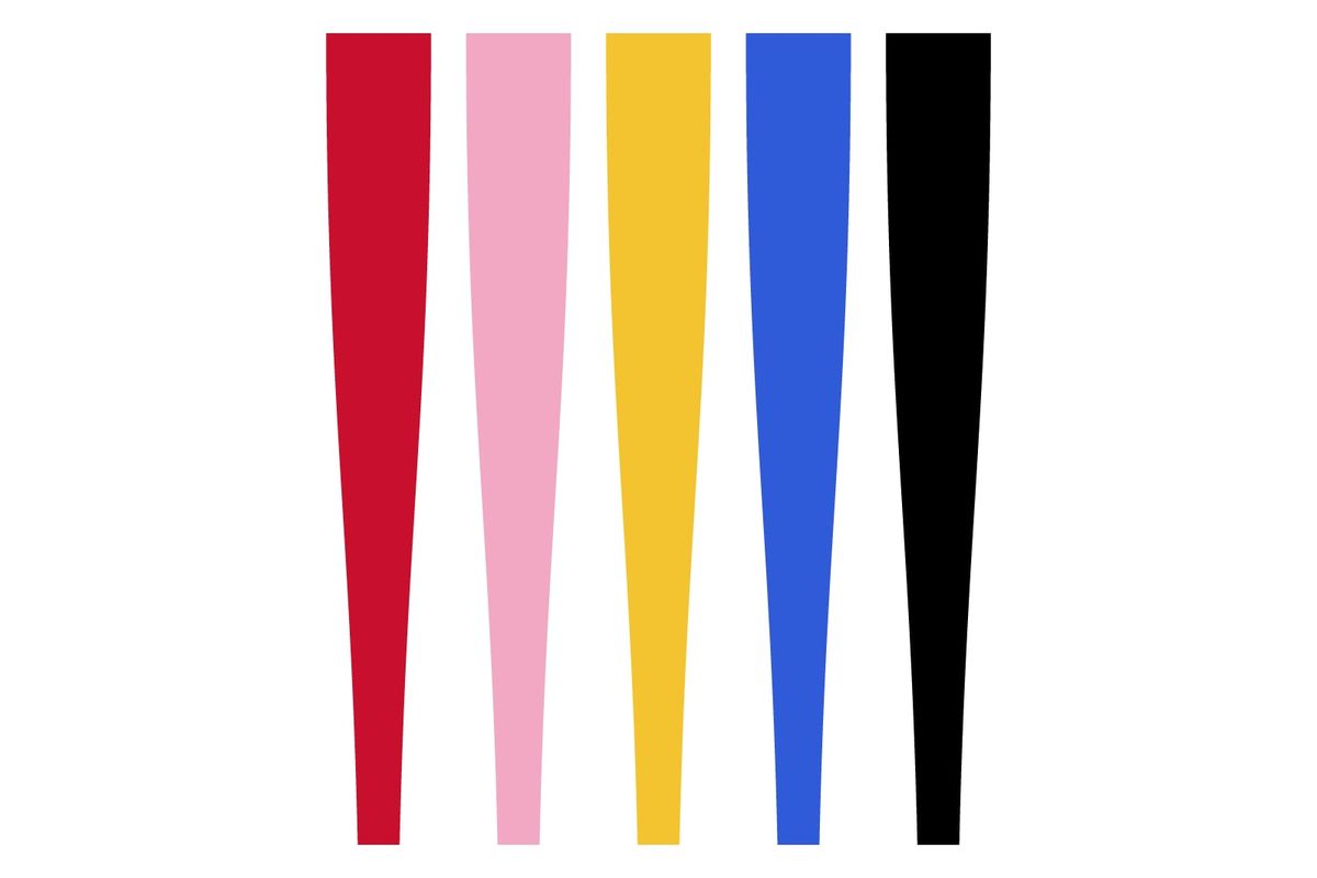 Illustration: legs in red, pink, yellow, blue and black tights