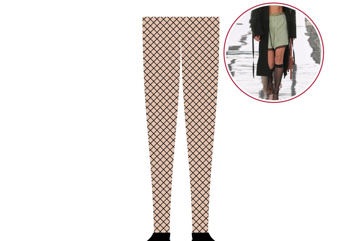 Illustration: legs in black fishnet tights with black pumps, with a photo of fishnet knee socks at Fendi Spring/Summer 2027