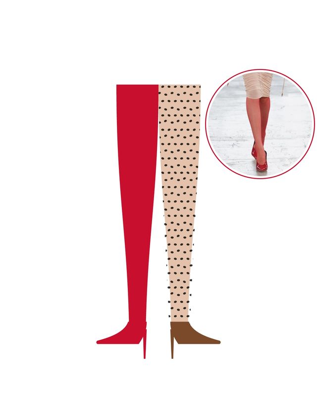 Illustration: one leg in red tights with a red pump and one in micro-leopard tights