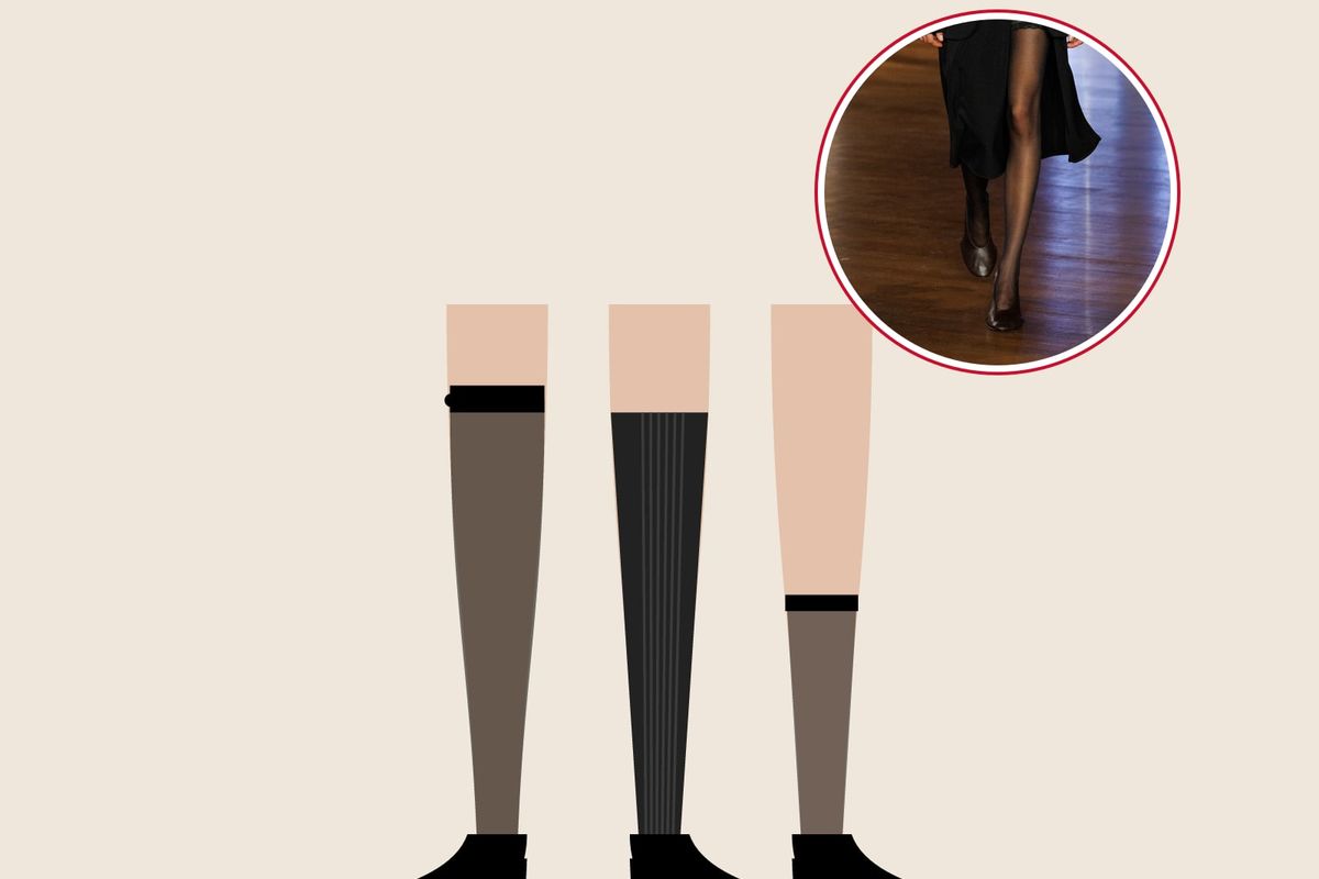 Illustration: three legs in a sheer lace-top hold-up, a black ribbed over-the-knee sock and a sheer knee-high, and a runway photo of a lace-top stocking