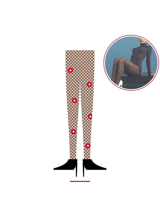 Illustration: legs in fishnet tights with red flowers and black pumps, with a photo of Lily Allen in the campaign's floral fishnet tights