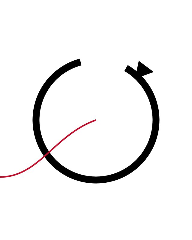 Illustration: a red thread entering a looping arrow, a symbol of recycling