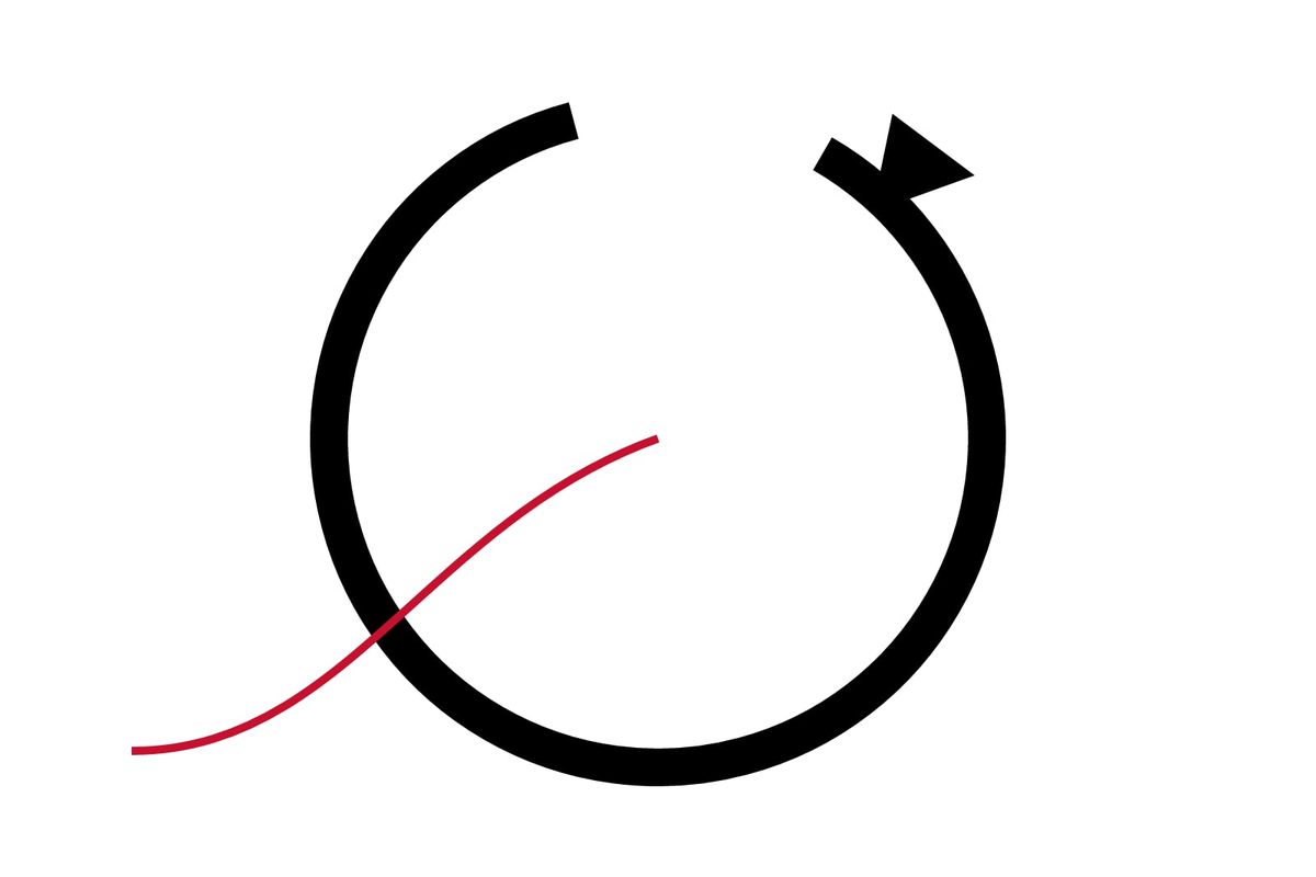 Illustration: a red thread entering a looping arrow, a symbol of recycling