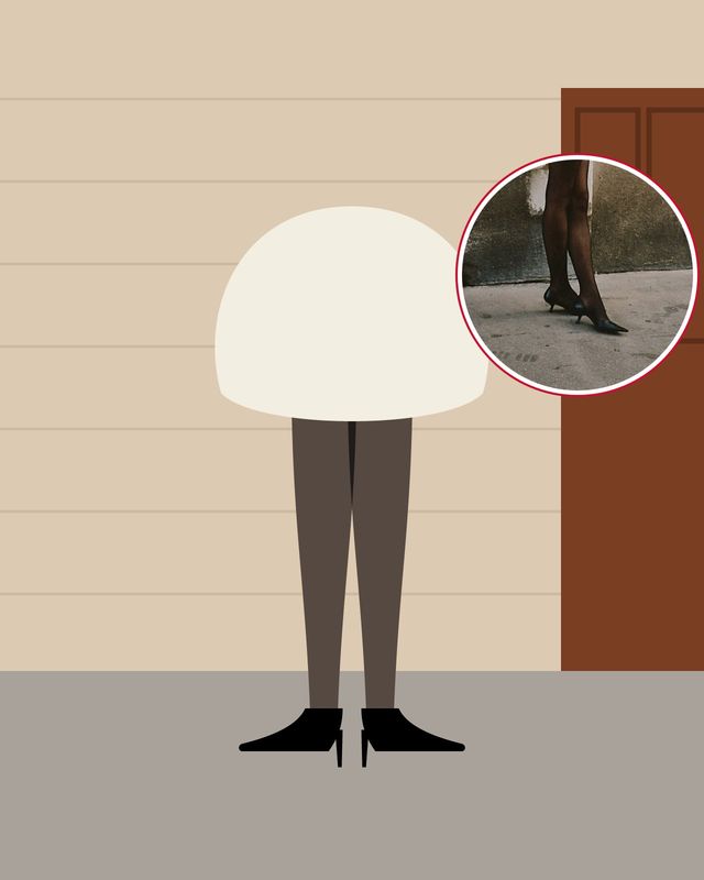 Illustration: sheer black tights and pointed black kitten heels under a white puffball skirt, in front of a stone facade with a wooden door, with a photo of the look