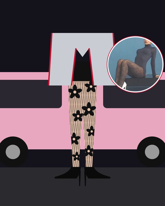 Illustration: legs in black floral fishnet tights and black patent pumps under a silver jacket, next to a pink London taxi at night, with a photo of Lily Allen