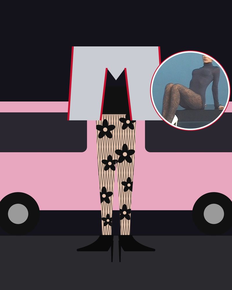 Illustration: legs in black floral fishnet tights and black patent pumps under a silver jacket, next to a pink London taxi at night, with a photo of Lily Allen