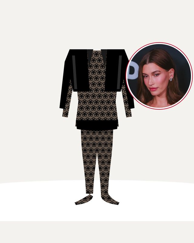 Illustration: legs in black floral lace tights, barefoot on a white sheet, under a long-sleeved black lace top and a cropped black leather jacket, with a photo of Hailey Bieber in the circle