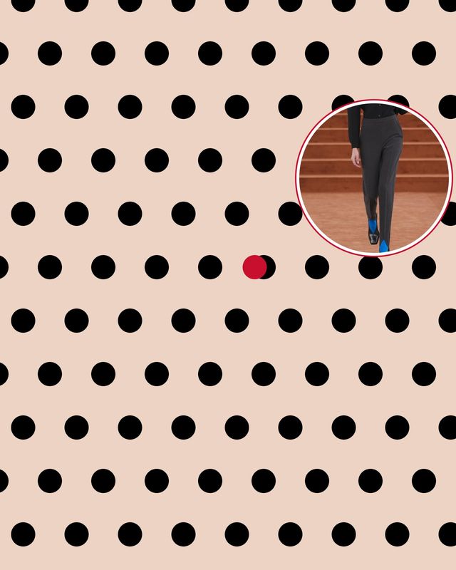 Black polka dots on a nude background, with one red dot, with a photo of the blue-stirrup legging at Jil Sander Fall/Winter 2026