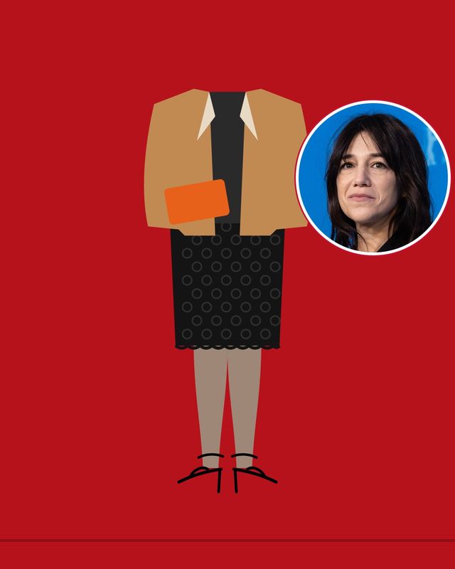 Illustration: legs in barely-there black tights and black strappy sandals under a black lace pencil skirt and a camel bomber jacket, with an orange clutch, on a red-carpet background, with a photo of Charlotte Gainsbourg in the circle