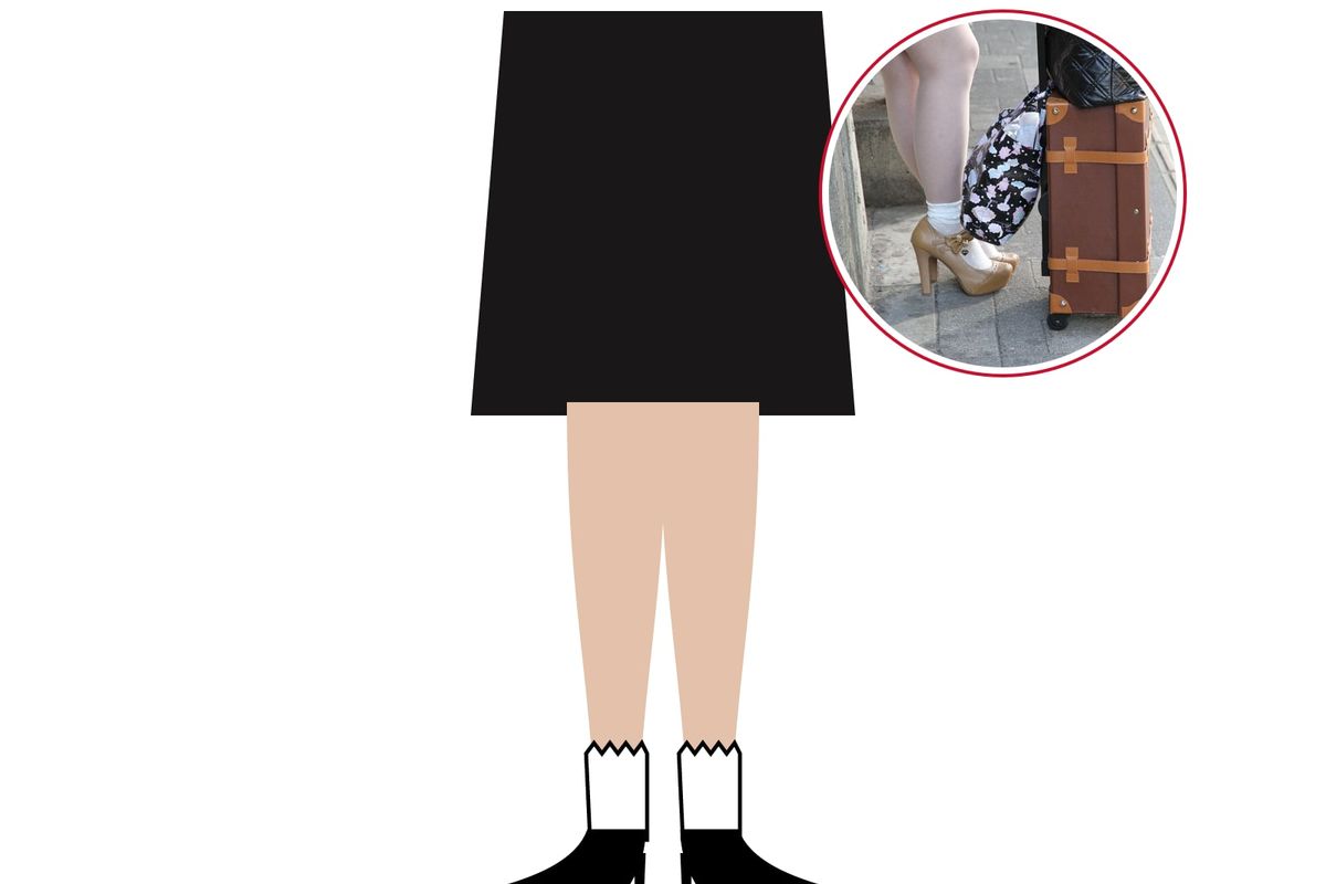 Illustration: legs in short white socks and black stiletto pumps under a dark skirt, with a photo of white socks and heeled strap shoes