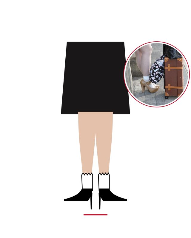 Illustration: legs in short white socks and black stiletto pumps under a dark skirt, with a photo of white socks and heeled strap shoes
