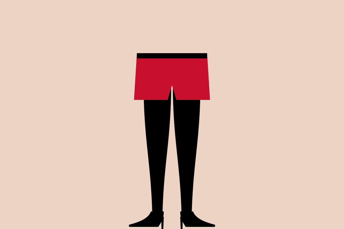 Illustration: red shorts over black tights and pumps