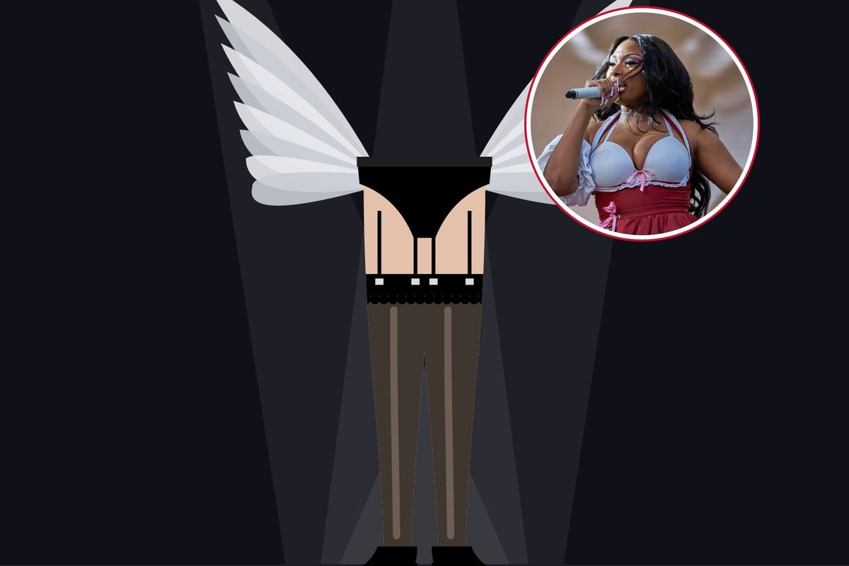 Illustration: legs in sheer black lace-top stockings clipped to the suspenders of a black brief, with black stiletto sandals, between two silver feather wings on a dark runway, with a photo of Megan Thee Stallion in the circle