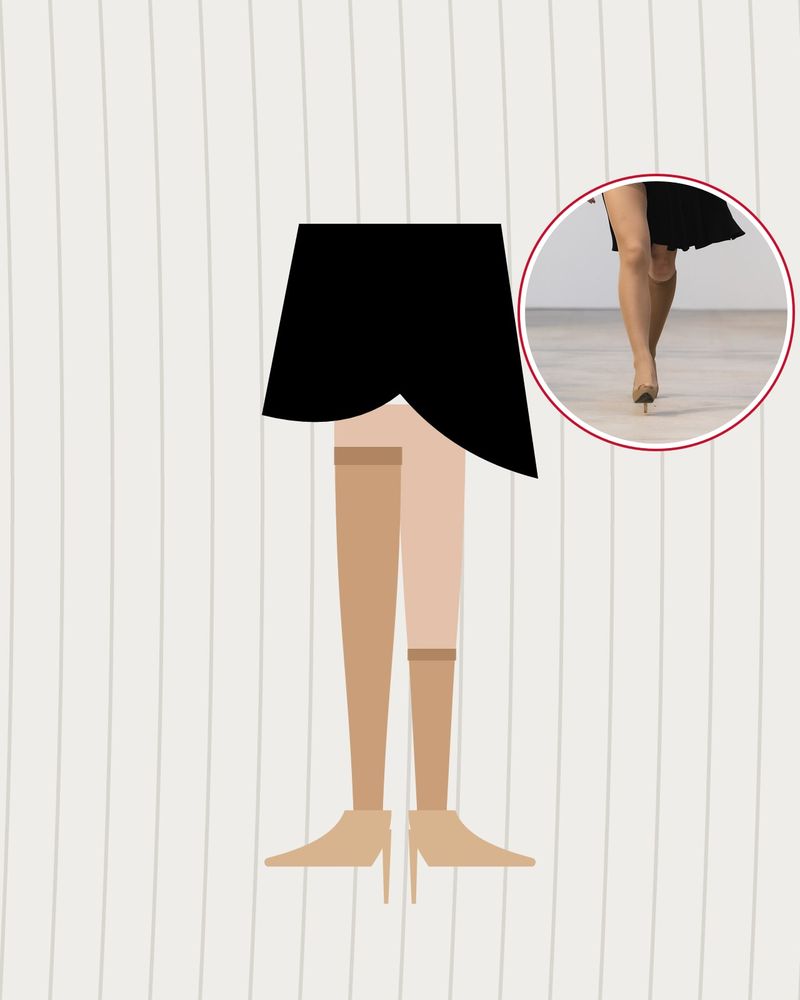 Illustration: one leg in a thigh-high nude stocking and the other in a nude knee-high, nude pumps and an asymmetric black skirt in front of white curtains, with a photo of the runway look