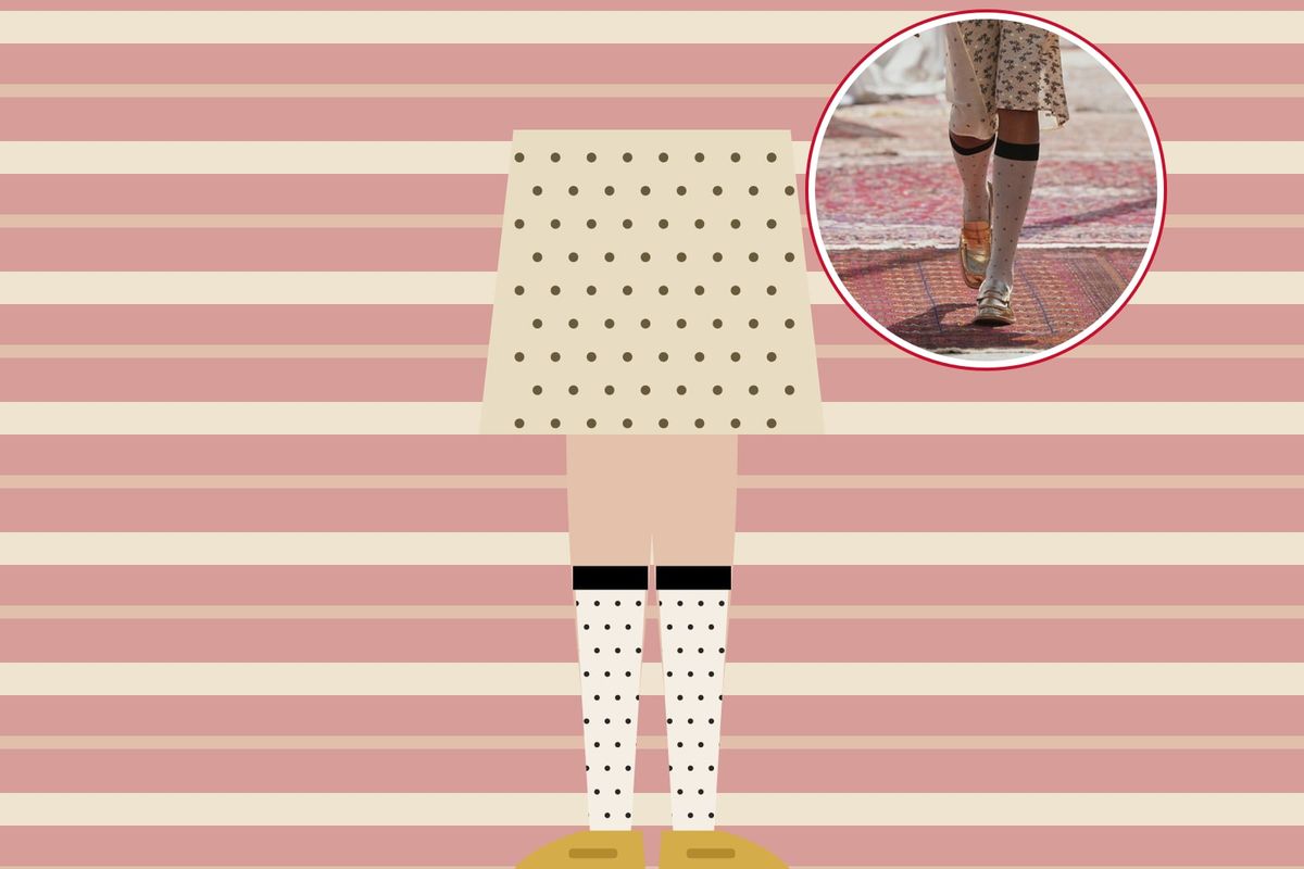 Illustration: sheer white polka dot knee-highs with a black band and gold loafers under a polka dot skirt, on a pink striped rug, with a photo of the runway look