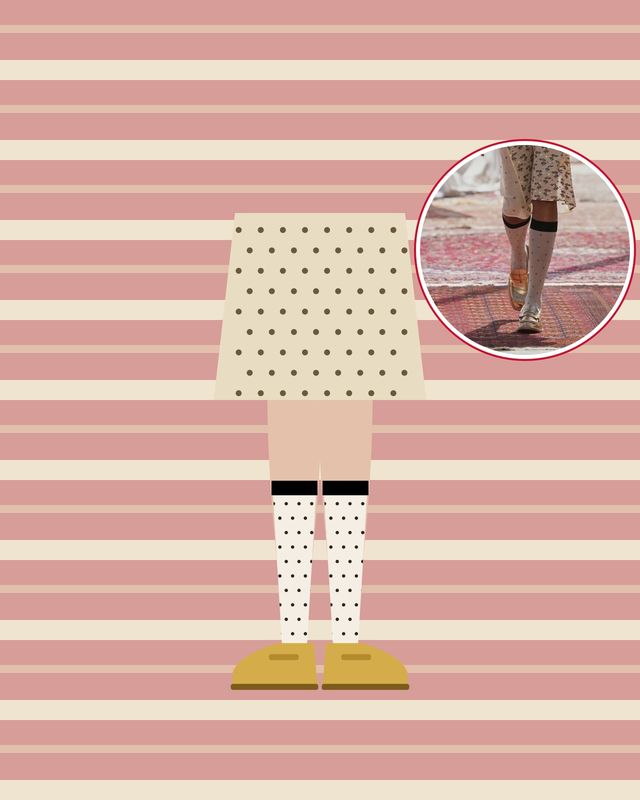 Illustration: sheer white polka dot knee-highs with a black band and gold loafers under a polka dot skirt, on a pink striped rug, with a photo of the runway look