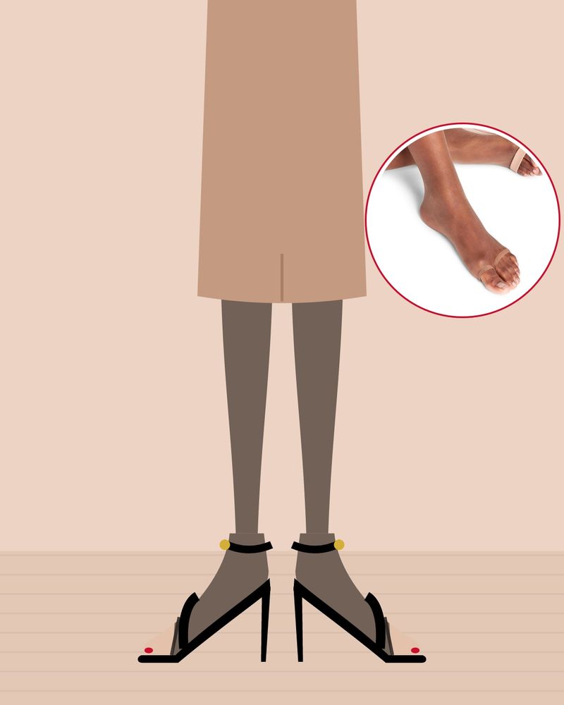 Illustration: legs in sheer black toeless tights, toes bare, in black strappy stiletto sandals under a nude skirt, with a photo of Falke toeless tights in a sandal