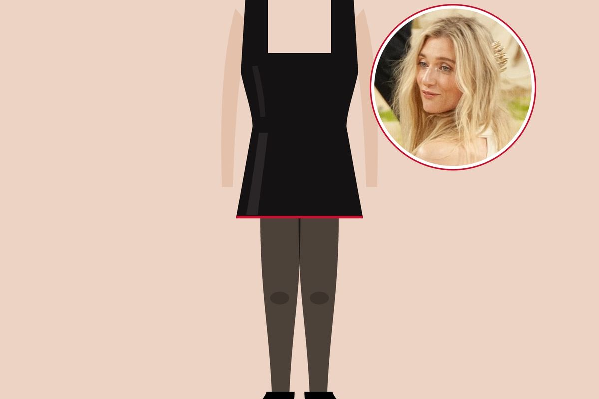 Illustration: legs in sheer black tights and black pointed pumps under a square-neck black velvet mini dress, on a nude background, with a photo of Elizabeth Debicki in the circle