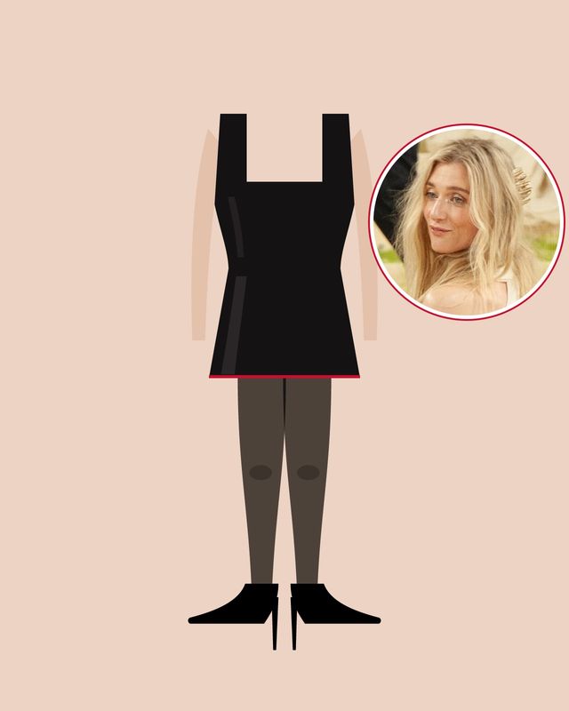 Illustration: legs in sheer black tights and black pointed pumps under a square-neck black velvet mini dress, on a nude background, with a photo of Elizabeth Debicki in the circle