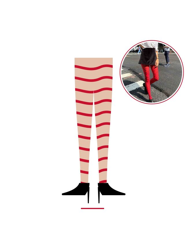 Illustration: nude legs with red tiger stripes and black pumps, with a photo of red Roxana Tiger Tights worn on a New York street