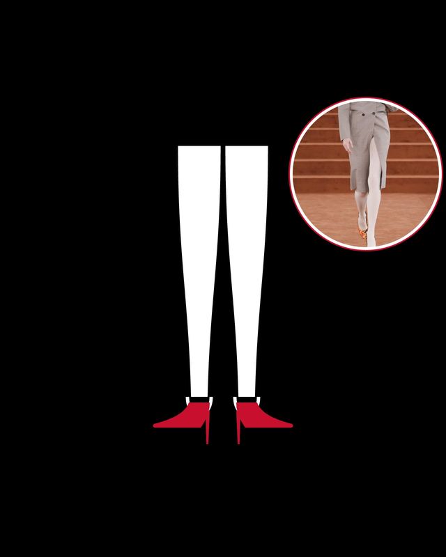 Illustration: white stirrup stockings and red pumps on black, with a photo of the white stocking under a slit skirt at Jil Sander