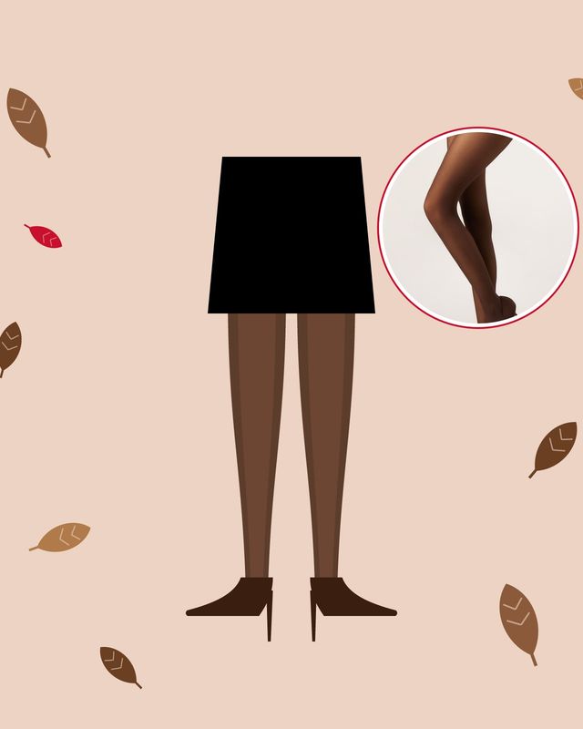 Illustration: legs in chocolate-brown tights under a black mini skirt, with pointed brown pumps, among autumn leaves on a nude background, with a photo of brown Calzedonia tights in the circle
