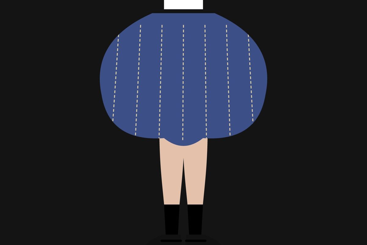 Illustration: legs in short black socks and black platform Mary Janes under a huge padded blue denim volume, with a white crown on top, on black