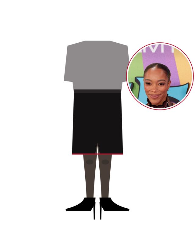 Illustration: legs in sheer black tights and black pointed pumps under a knee-length black pencil skirt with a slit and a grey jumper, on a white background, with a photo of Naomi Ackie in the circle
