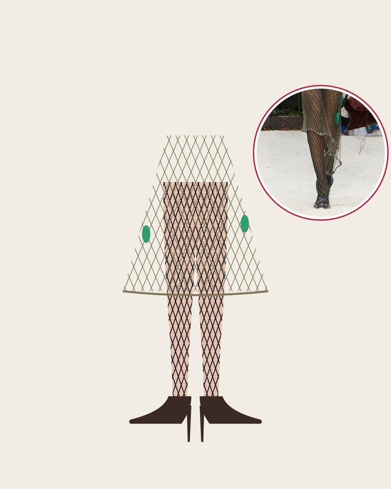 Illustration: legs in black fishnet tights under a real fishing net with green floats, with a photo of the runway look