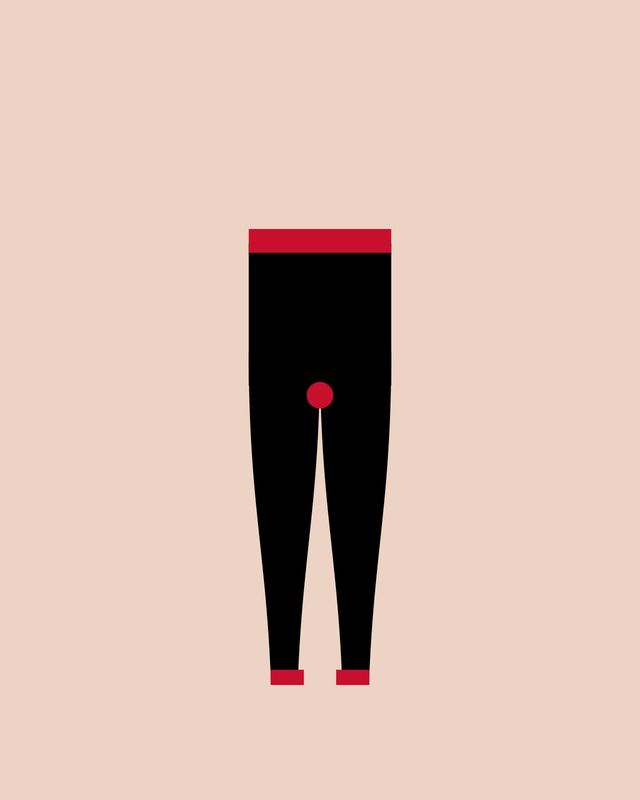 Black silhouette of tights with the waistband, the gusset and the toes marked in red