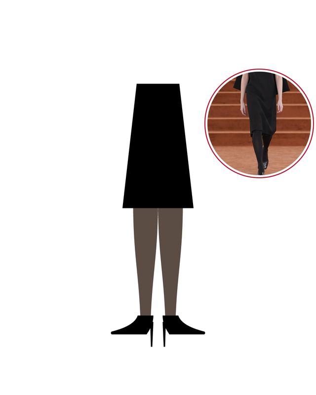 Illustration: a black dress with sheer black tights and black pumps, with a photo of a black dress with opaque tights at Jil Sander Fall/Winter 2026