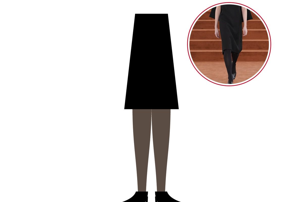Illustration: a black dress with sheer black tights and black pumps, with a photo of a black dress with opaque tights at Jil Sander Fall/Winter 2026