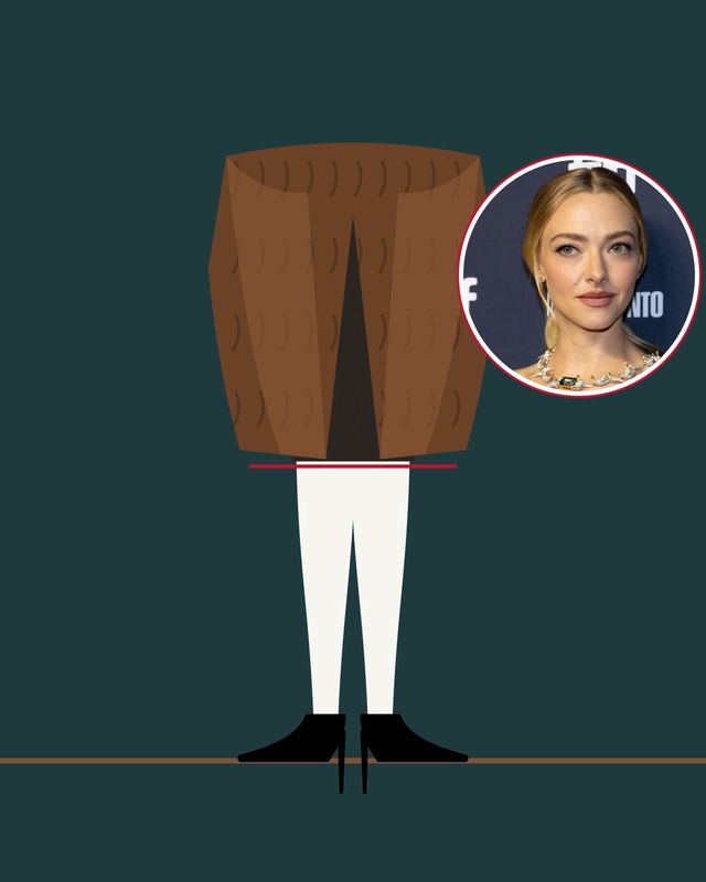 Illustrazione: gambe in collant bianchi coprenti e décolleté nere a punta sotto una lunga pelliccia marrone, su fondo verde petrolio scuro, con una foto di Amanda Seyfried nel cerchio